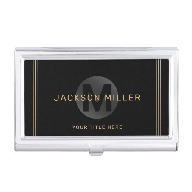 Black & gold modern simple personalized monogram business card case (Front)
