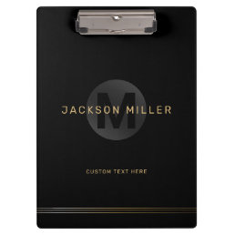 Black &amp; gold modern simple personalized monogram clipboard
