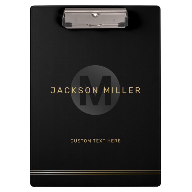 Black & gold modern simple personalized monogram clipboard (Front)