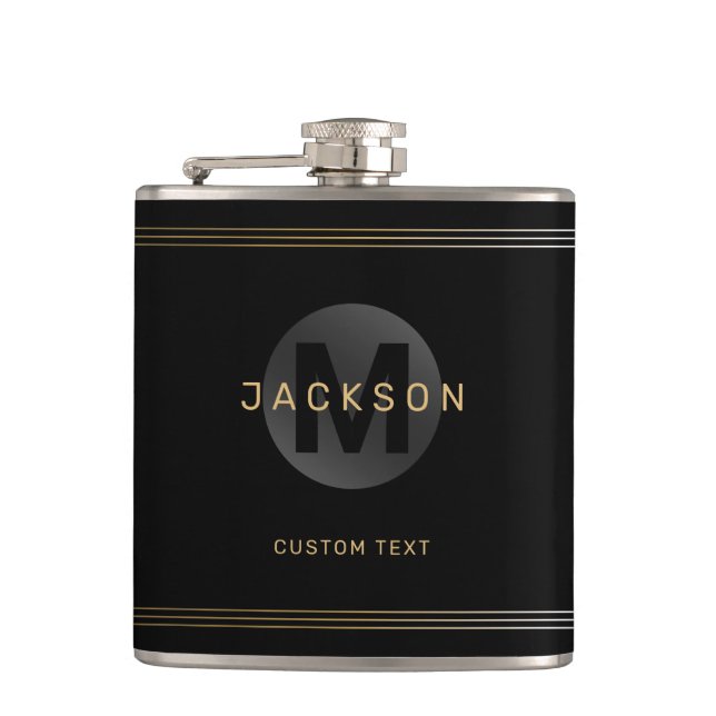 Black & gold modern simple personalized monogram flask (Front)