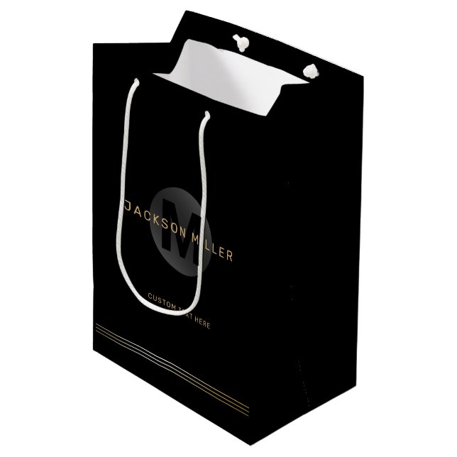 Black & gold modern simple personalized monogram medium gift bag (Front Angled)