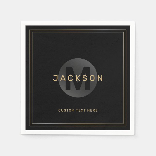 Black & gold modern simple personalized monogram napkins (Front)