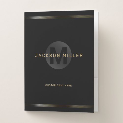 Black  gold modern simple personalized monogram pocket folder