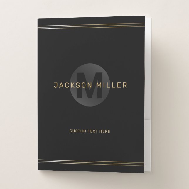 Black & gold modern simple personalized monogram pocket folder (Front)