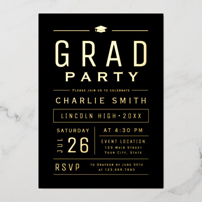Black & Gold Modern Simple Typography Grad Party Foil Invitation (Front)