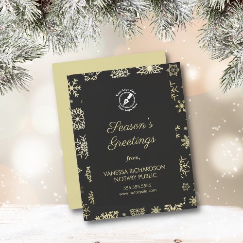 Black  Gold Modern Snowflake Pattern Notary Logo Holiday Card