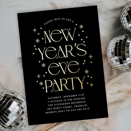 Black Gold Modern Sparkling New Years Eve Party Foil Invitation