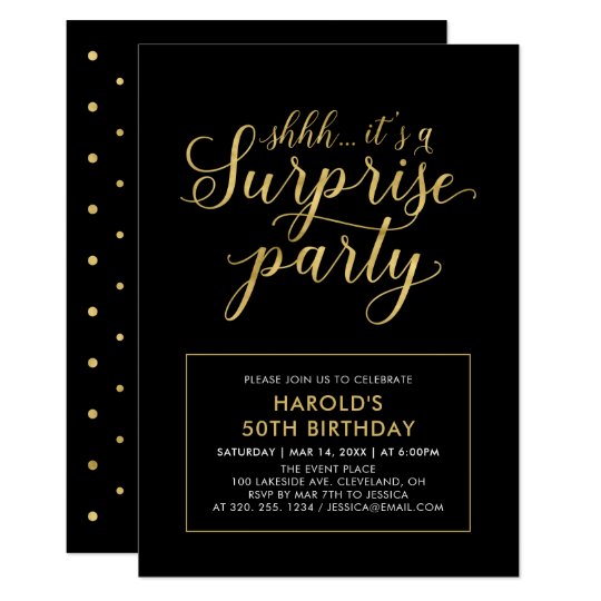 Black & Gold | Modern Surprise 50th Birthday Party Invitation | Zazzle.com