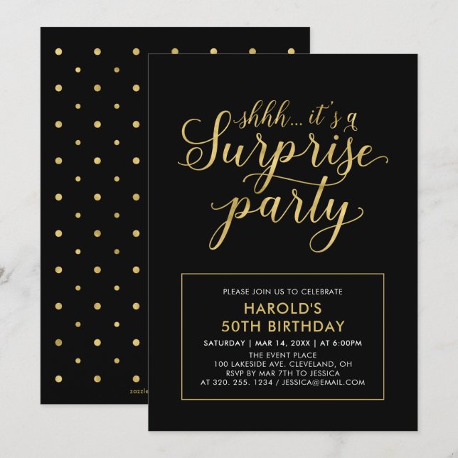 Black & Gold | Modern Surprise 50th Birthday Party Invitation (Front/Back)