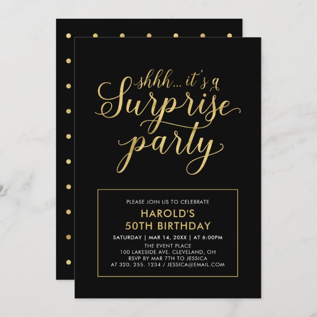 Black & Gold | Modern Surprise 50th Birthday Party Invitation (Front/Back)