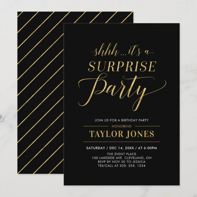 Black & Gold | Modern Surprise Birthday Party Invitation (Front/Back)