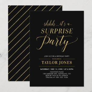 Black & Gold Modern Surprise Birthday Party Invitation