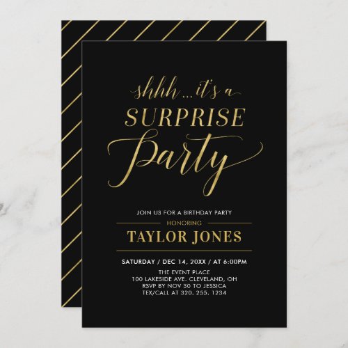 Black  Gold  Modern Surprise Birthday Party Invitation