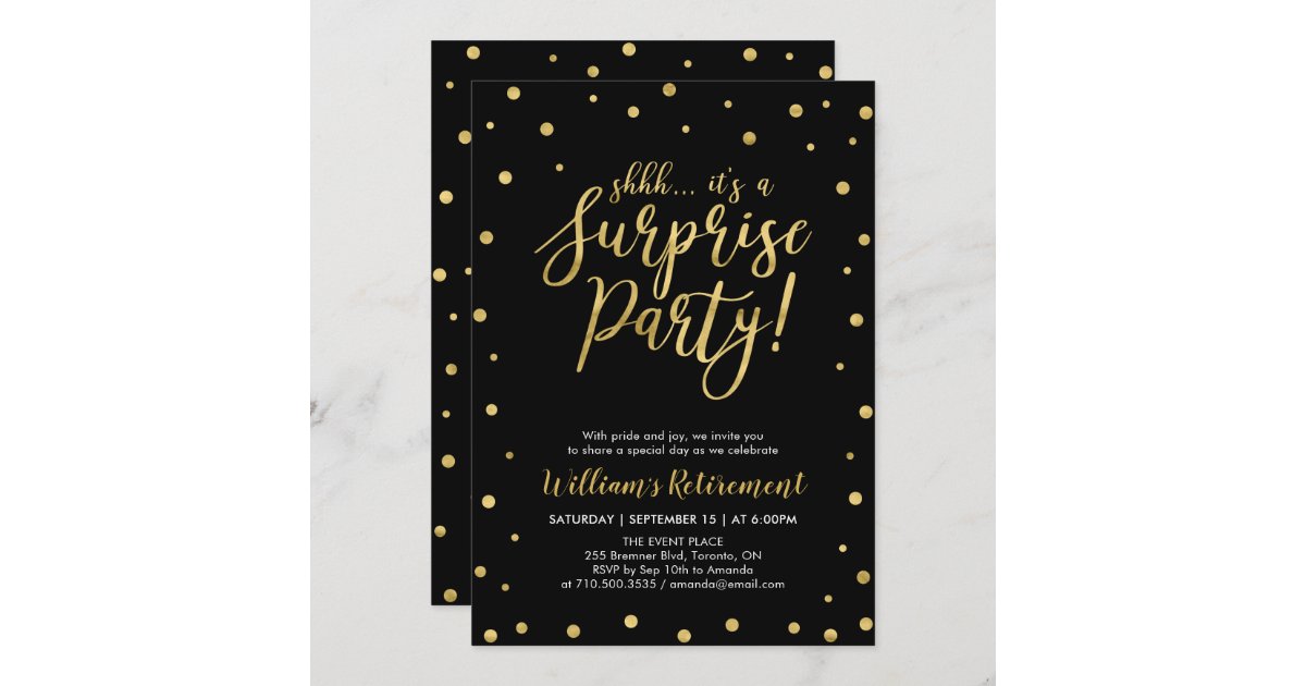 Black & Gold | Modern Surprise Retirement Party Invitation | Zazzle