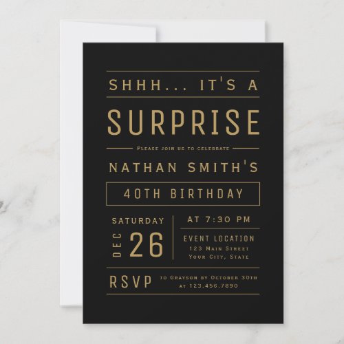 Black Gold Modern Typography Surprise Birthday Invitation