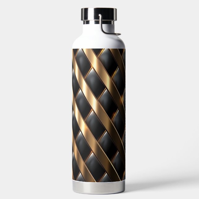 BLACK & GOLD MODERN WEAVE LOOK PATTERN WATER BOTTLE (Left)