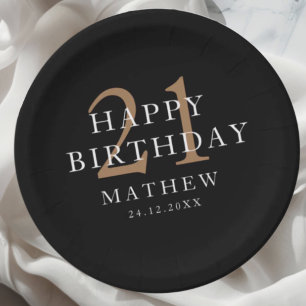 Black & Gold Modner 21st Birthday Party Paper Plates