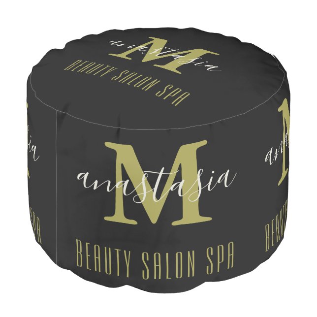 Black Gold Monogram Beauty Salon Business Pouf (Angled Back)