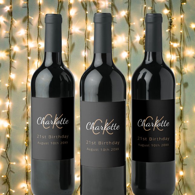 Black gold monogram birthday party wine label (Creator Uploaded)
