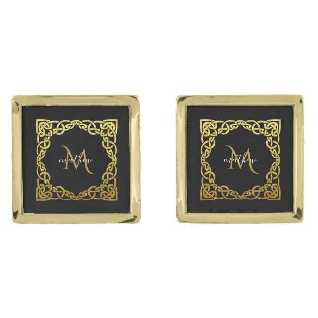 Black & Gold Monogram Celtic Pattern  Cufflinks (Front)