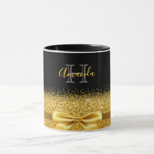 Black gold monogram classic elegant bow mug