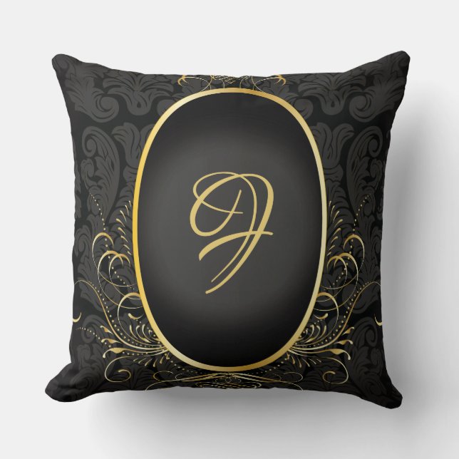 Black gold Monogram Classy Royal Style Pillow (Front)