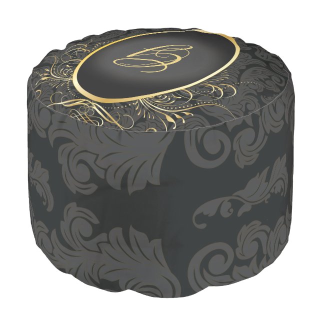 Black gold Monogram Classy Royal Style Pouf (Angled Front)