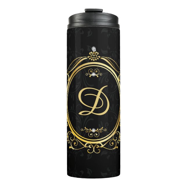Black Gold Monogram Classy Thermal Tumbler (Front)