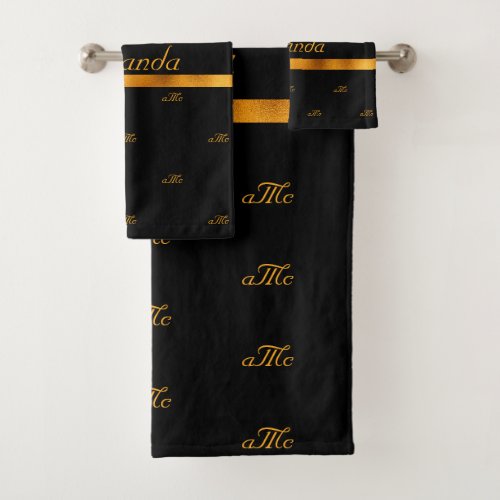 Black gold monogram couple initials pattern name bath towel set