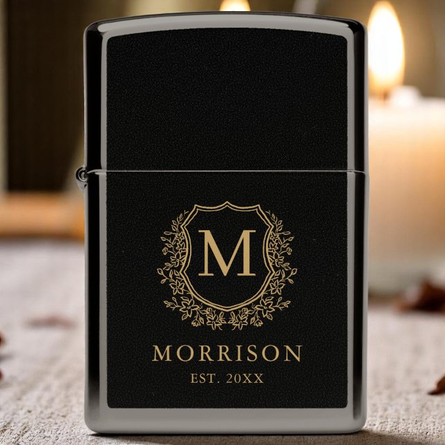 Black Gold Monogram Crest Elegant Wedding Zippo Lighter (Creator Uploaded)