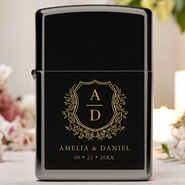 Black Gold Monogram Crest Elegant Wedding Zippo Lighter (Creator Uploaded)