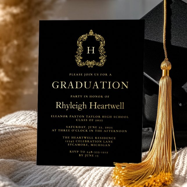 Black Gold Monogram Crest Graduation Party Foil Invitation (Creator Uploaded)