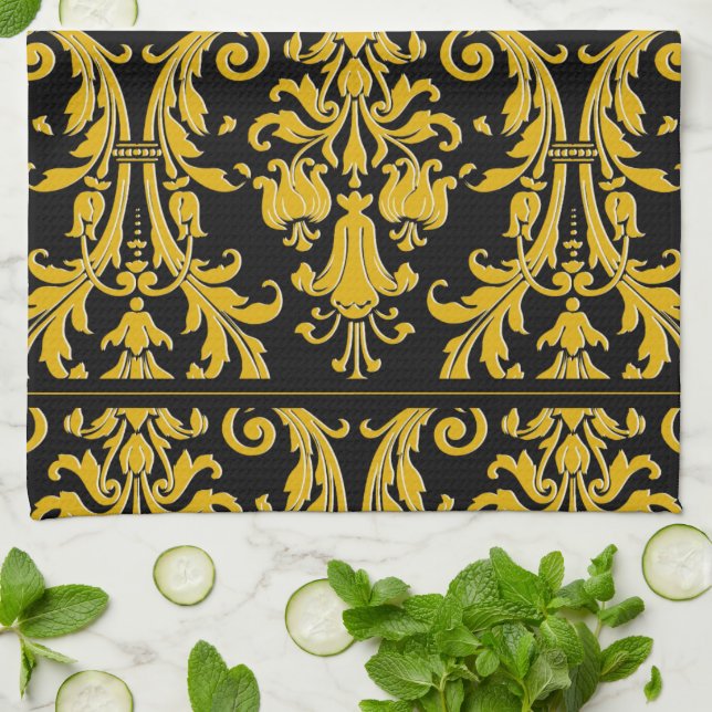 Black Gold Monogram Custom Name Floral Damask Kitchen Towel (Folded)