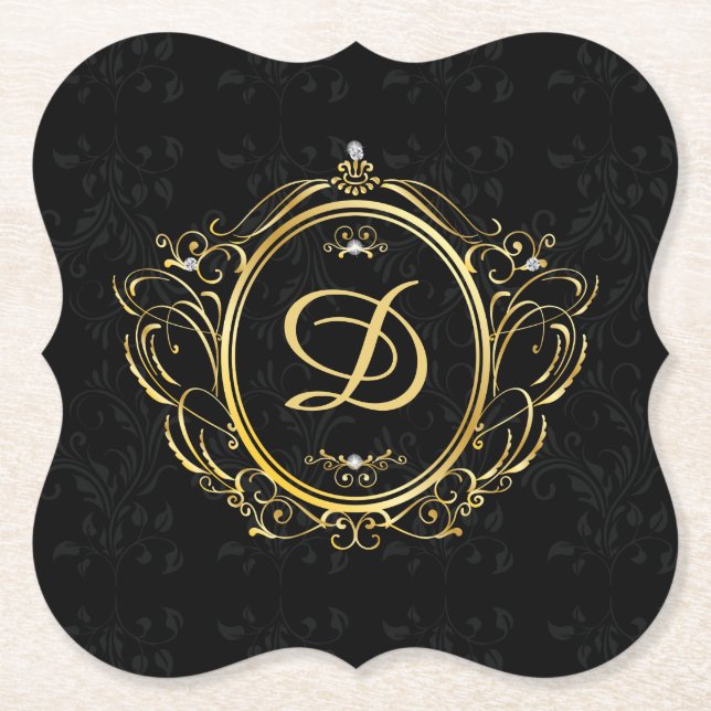 Black Gold monogram damask Paper Coaster (Front)