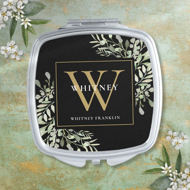Black Gold Monogram Elegant Feminine Greenery Compact Mirror (Black Gold Monogram Elegant Feminine Greenery Compact Mirror)