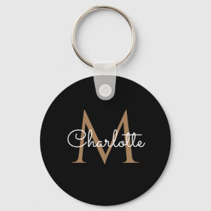 Black Gold Monogram Elegant Feminine Script Keychain