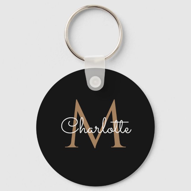 Black Gold Monogram Elegant Feminine Script Keychain (Front)