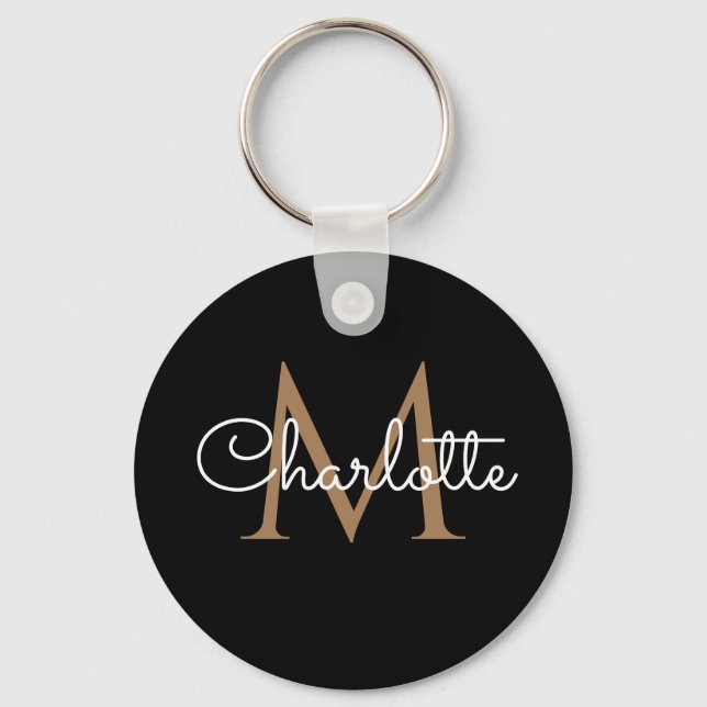 Black Gold Monogram Elegant Feminine Script Keychain (Front)