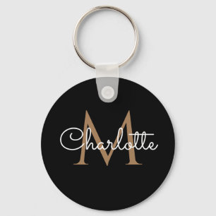 Black Gold Monogram Elegant Feminine Script Keychain