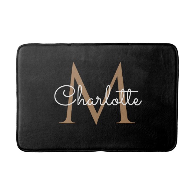 Black Gold Monogram Elegant Girly Script Bath Mat (Front)