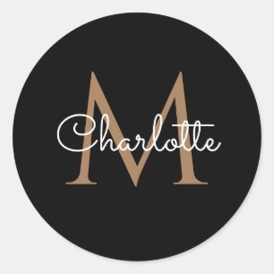 Black Gold Monogram Elegant Girly Script Classic Round Sticker