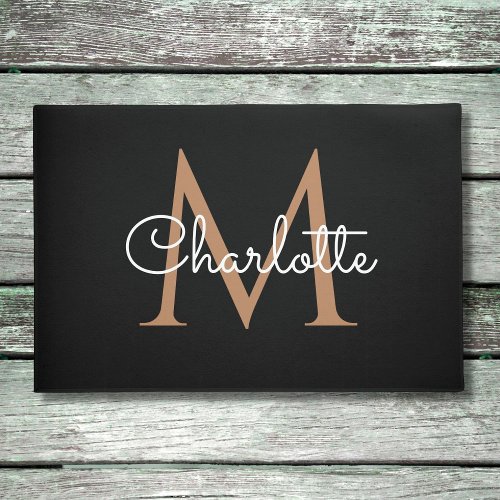 Black Gold Monogram Elegant Girly Script Doormat