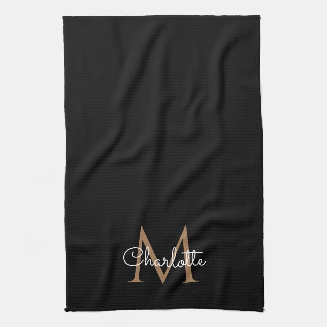 Black Gold Monogram Elegant Girly Script Kitchen Towel (Vertical)