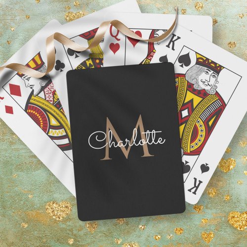 Black Gold Monogram Elegant Girly Script Poker Cards