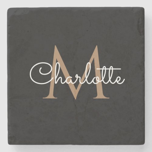 Black Gold Monogram Elegant Girly Script Stone Coaster