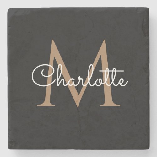 Black Gold Monogram Elegant Girly Script Stone Coaster