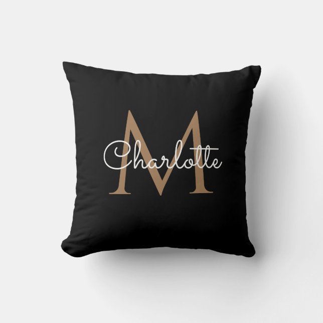 Black Gold Monogram Elegant Girly Script Throw Pillow (Front)