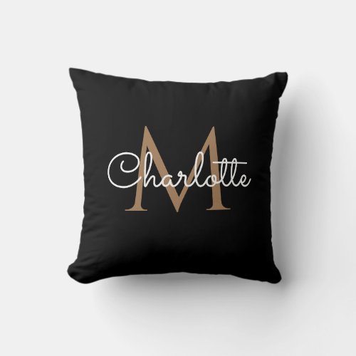 Black Gold Monogram Elegant Girly Script Throw Pillow