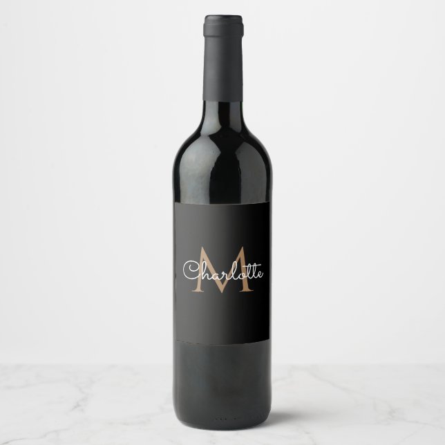 Black Gold Monogram Elegant Girly Script Wine Label (Front)