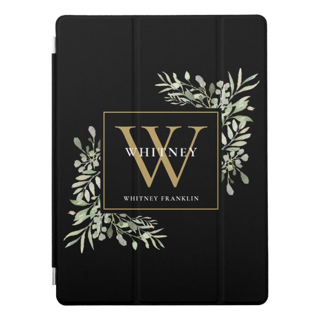 Black Gold Monogram Elegant Greenery iPad Pro Cover (Front)